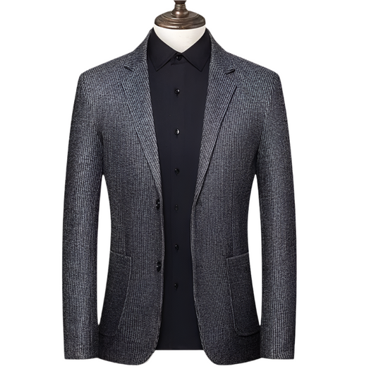 Men Business Casual Knitted Stripes Blazer | Grey Wool Suit with Pocket