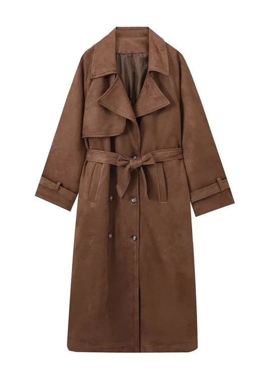 Women Vintage Brown Suede Double Breasted Coat with Belt | Casual Turn-Down Collar Long Jacket