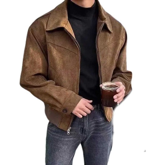 Brown Loose Lapel Plush Coat Men | Vintage Streetwear