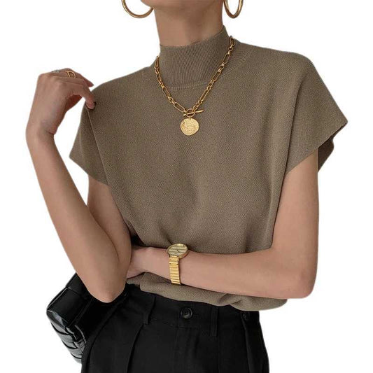 Women Office Blouse | Short Sleeves High Neck | Knitted Vest Top