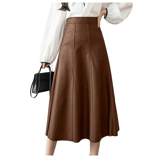 Women Brown Long Leather Skirt | High Waisted Office Midi Skirt | Party Skirt Bottom