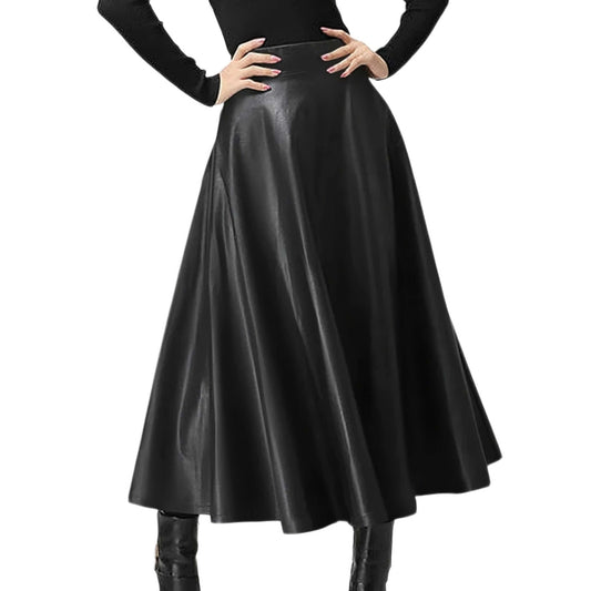 Women Black Midi Leather Skirt | High Waisted Party Skirt | Solid Office Skirt