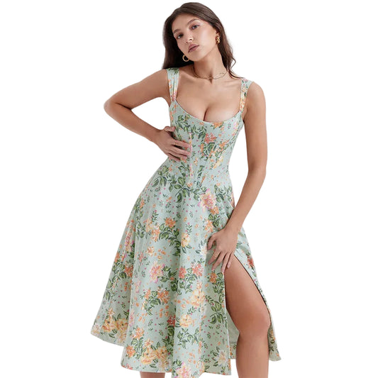 Women Floral Print Long Dress | Corset Dress | Casual Party Dress