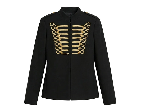 Women Black Napoleon Style Jacket | Stand Collar | Single Breasted | Cropped Coat