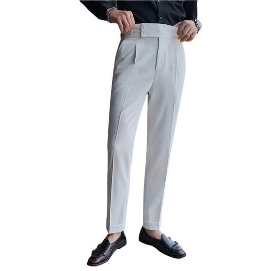 Men Vintage Pencil Pants | High Waisted Suit Pant | Slim Fit Pants with Buttons | Business Casual Straight Trousers