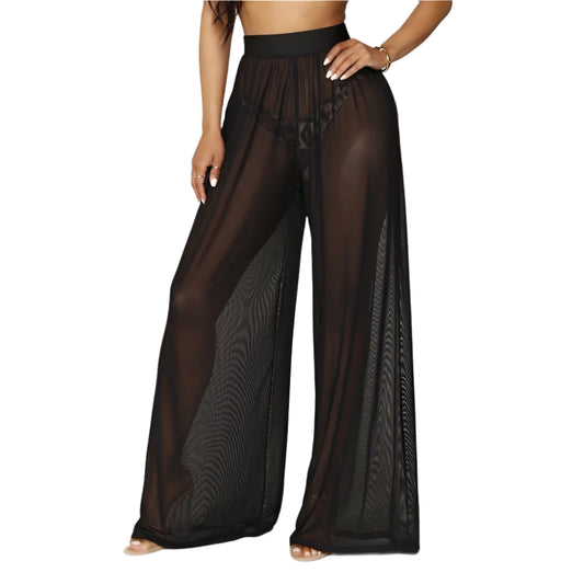 Women Boho Wide Leg Trousers | High Waist | Beach Trousers | Mesh Sheer Pants | See Through