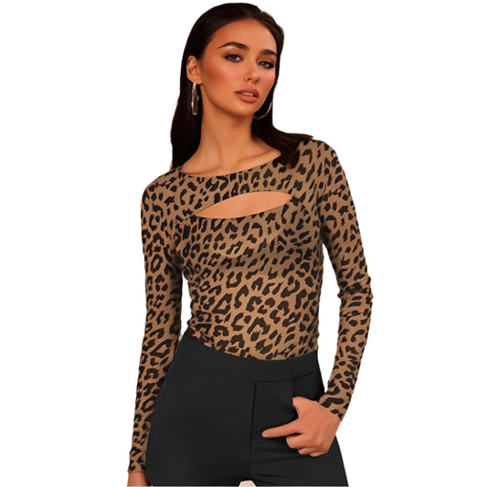 Women Boat Neck Long Sleeves Leopard Top | Cheetah Print Fitting Top