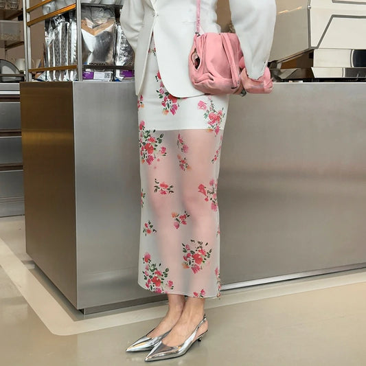 Women Floral Mesh Skirt | See Through Floral Print Skirt | High Waist | Long Skirt