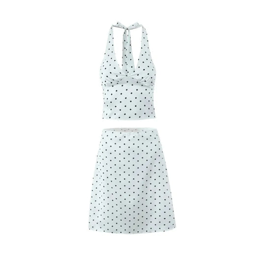 Women Polka Dot Print Top | Two-piece Set | Halter Neck Vest Top | Low Waist Skirt
