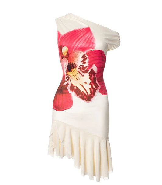 Women Summer Slant Collar Dress | One Shoulder Floral Print Dress | Oblique Slit Hem