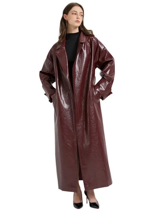 Women Leather Trench Coat With Belt | Extra Long Cherry Red Leather Coat