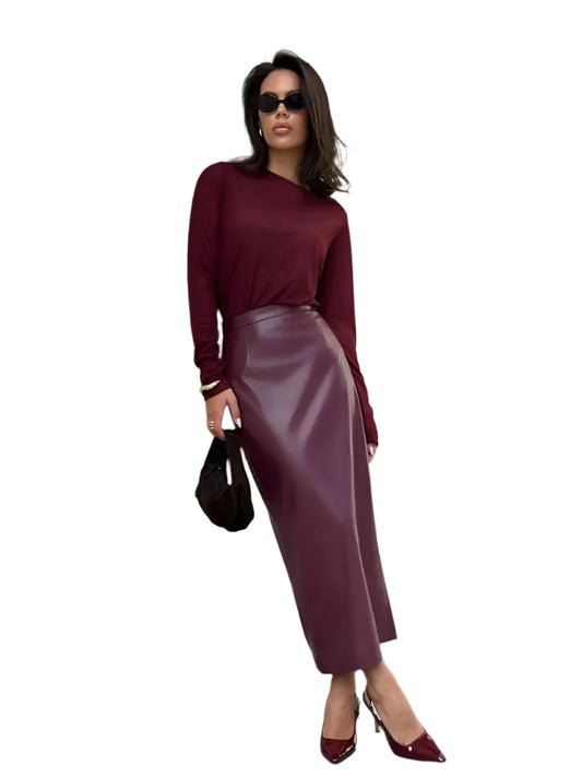 Women Burgundy Leather Long Skirt
