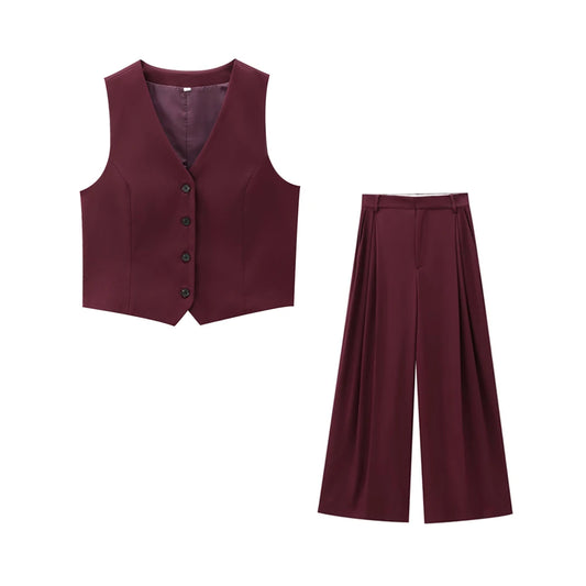 Women Burgundy Button Fitted Waistcoat and Wide Leg Pants | 2 Piece Set | High Waist Pleated Pants