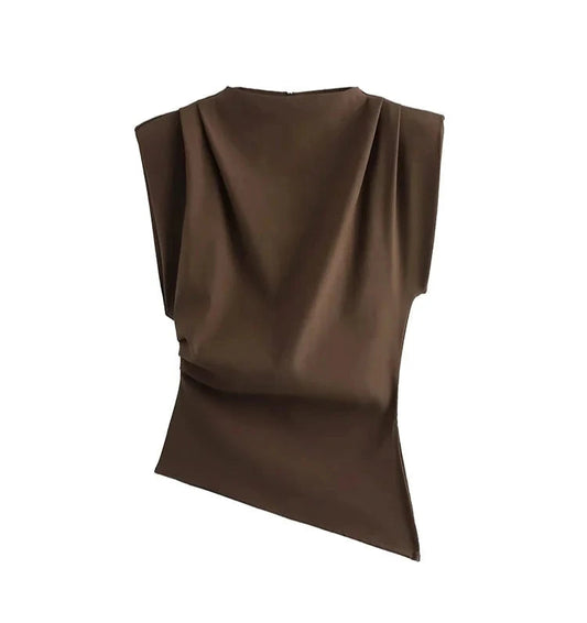 Women Asymmetric Sleeveless Cross Folds Top | Padded Shoulder Top