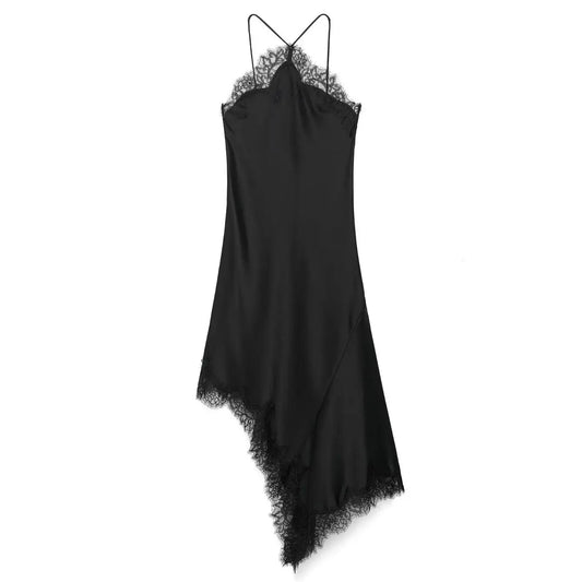 Women Lace Spliced Sling Dress | Sleeveless | Backless | Asymmetrical | Holiday | Party Wear