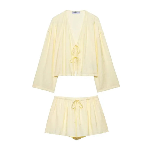 Women Crinkle Effect Top and Short Set | 2 Piece | Casual V Neck Lace Up | Kimono Top | Shorts With Drawstring