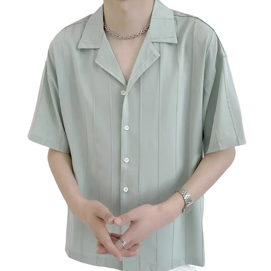 Men Plain Striped Button Down Shirt | Short Sleeves