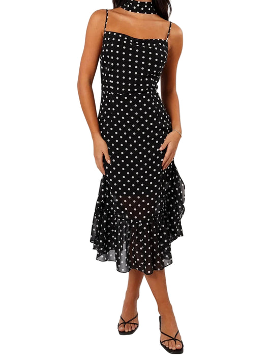Women Summer Polka Dot Spaghetti Strap Dress | Dot Print | Party Dress with Scarf | Vacation | Beach