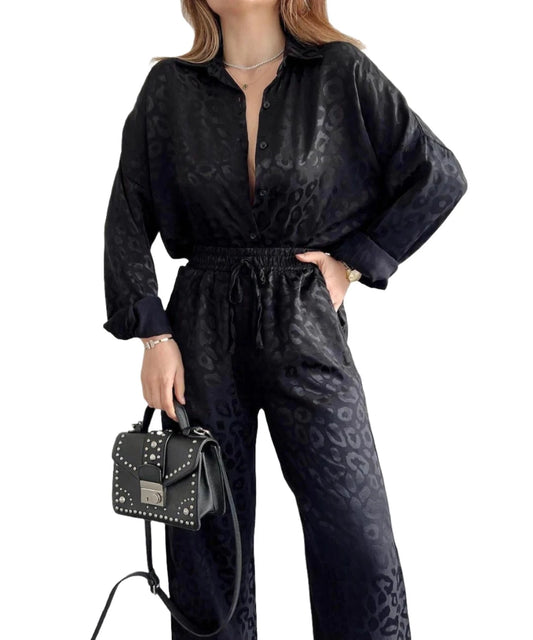 Women Satin Shirt and Wide Leg Trousers Suit | 2 Piece Leopard Print Set | Pajamas Set