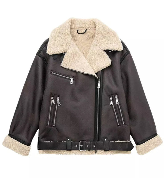 Women Dark Brown Shearling Leather Jacket | Classic Fur Leather Jacket | Long Sleeve Moto Biker Zipper