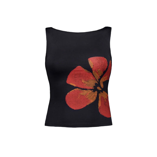 Women Vintage Crop Tank Top | Slim Fitted | Flower Print Boat Neck Sleeveless Top