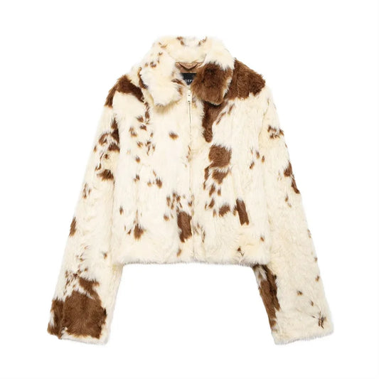 Women Thick Warm Animal Print Short Fur Jacket