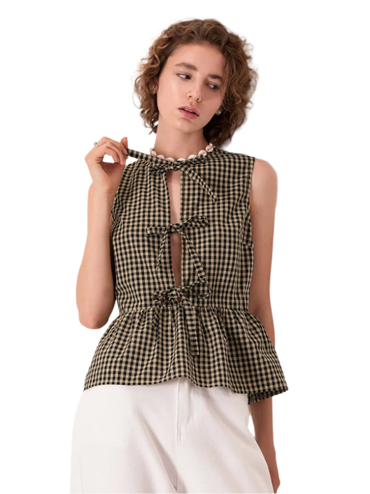 Women Plaid Bow Tank Top | Babydoll Top | Sleeveless Summer Vest Top