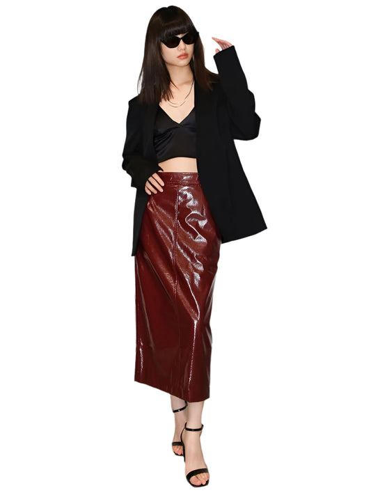 Women Shiny Reflective Leather Midi Skirt | High Waist Pencil Skirt