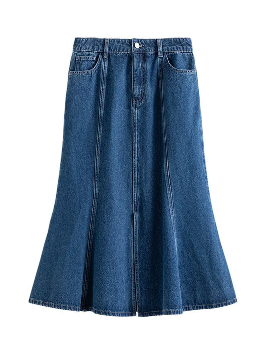 Women Fishtail Slit High Waist Denim Skirt | Blue Mid-Calf Casual Cotton Skirt