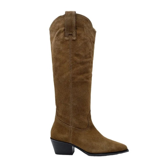 Women Suede Knee High Boots | Chunky Heel Cowgirl Boots | Pointed Toe Boots