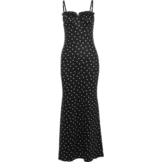 Women Summer Polka Dot Black Dress | Spaghetti Strap | Elegant | Maxi Bodycon | Vestidos