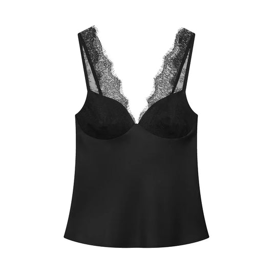Women Satin Lace Top | Lace Corset Top | Black Backless Top | Camisole | Sleeveless Top | Party