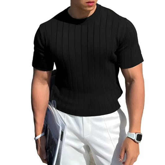 Men Solid Ribbed Top | Round Neck Knitted Shirt | Well Fitting Short Sleeve