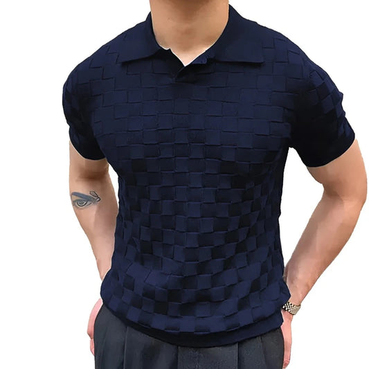 Men Vintage Plaid Jacquard Knitted Top | Men Polo T Shirt | Golf Polo Shirt | Breathable Thin Knit