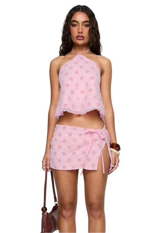 Women Sparkly Sequin Set | Mini Skirt | Sleeveless Top | Bodycon | Y2K | Halter Neck