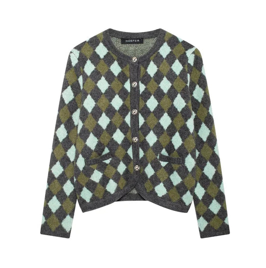 Women Vintage Argyle Sweater | Long Sleeve | Pockets | Knitted Cardigan