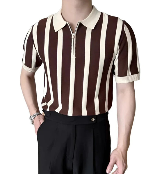 Men Striped Vintage Polo Shirt | Polo Zipper Shirt | Men Casual Slim Fit | Short Sleeve