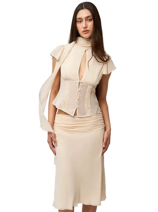 Women Summer Set | Chiffon Top | Chiffon Skirt | Midi Skirt | Short Top | Waist Cinching