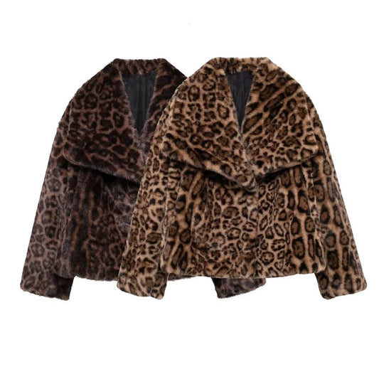 Women Winter Animal Print | Warm Fur Coat | Long Sleeve Lapel Coat | Leopard Print Coat