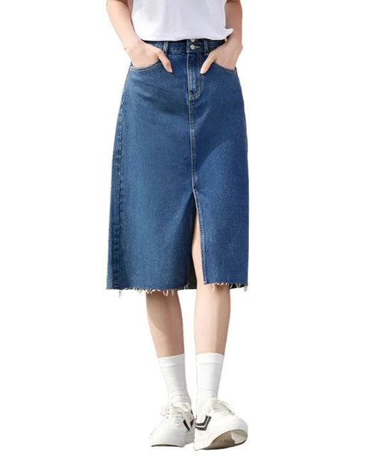 Women Long Denim Skirt | High Waist A-Line Denim Skirt with Slit