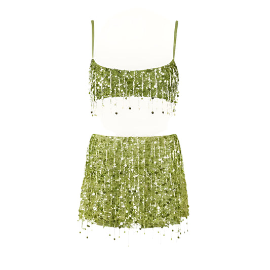 Women Summer Tassel Top With Mini Skirt Set | Sequin Crop Top | Backless | Beach Holiday
