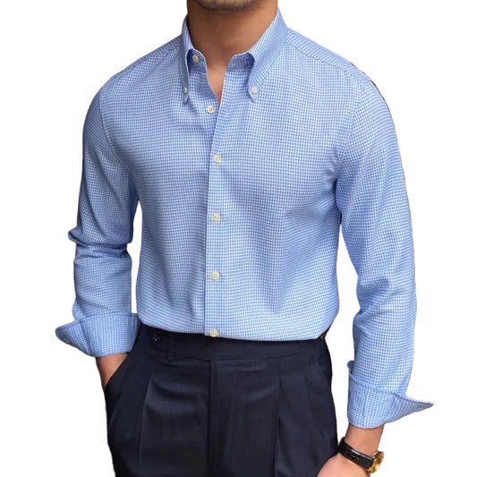 Men British Slim Shirt | Office Tuxedo Shirt | Business | Lattice Shirt | Cuban Collar | Long Sleeve Shirt