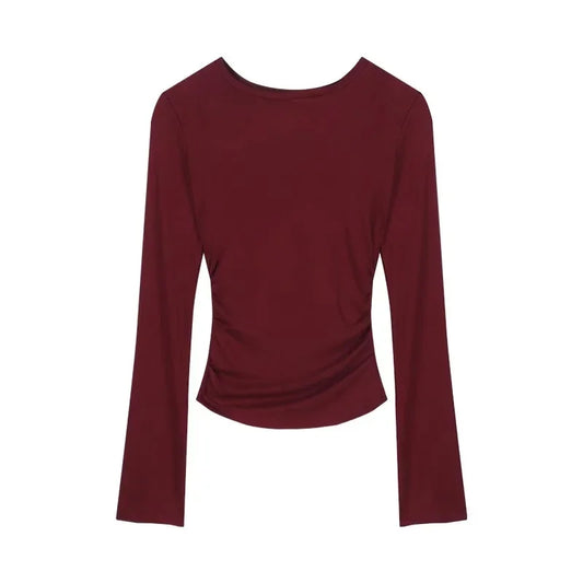 Women Burgundy Two-Piece Suit | Long Sleeve T-Shirt and High Waist Leather Skirt