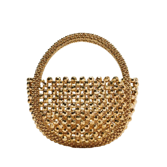 Women Hollow Hand-Made Metal Gold Beads Woven Handbag | Pearl Bag | Round Handbag