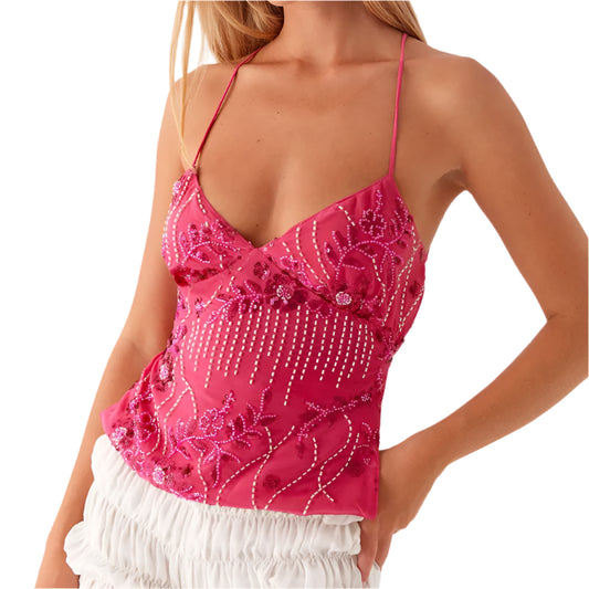 Women Sequin Halter Crop Top | Pearl Embellished Cami Top | Summer Glitter Rhinestone Camisole Tank Top