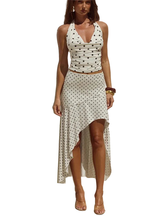 Women Polka Dot Set | V Neck | Sleeveless Top | High Waist Mini Skirt