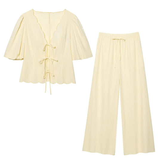 Women Butter Yellow Top and Pants Set | Puff Sleeve Blouse | Wide Leg Pants | Summer Vacation Set