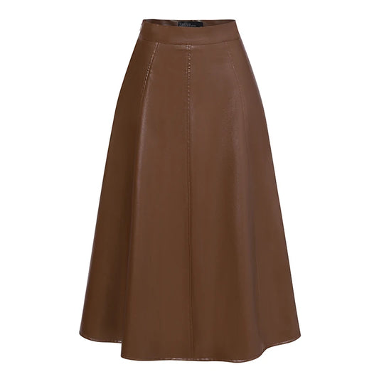 Women Brown Long Leather Skirt | High Waisted Office Midi Skirt | Party Skirt Bottom