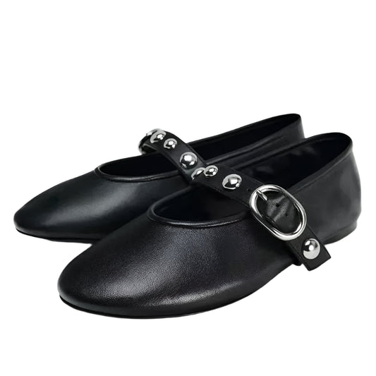 Women Leather Ballet Flats | Rivet Buckle Strap | Ballerina Flats | Ballet Pumps