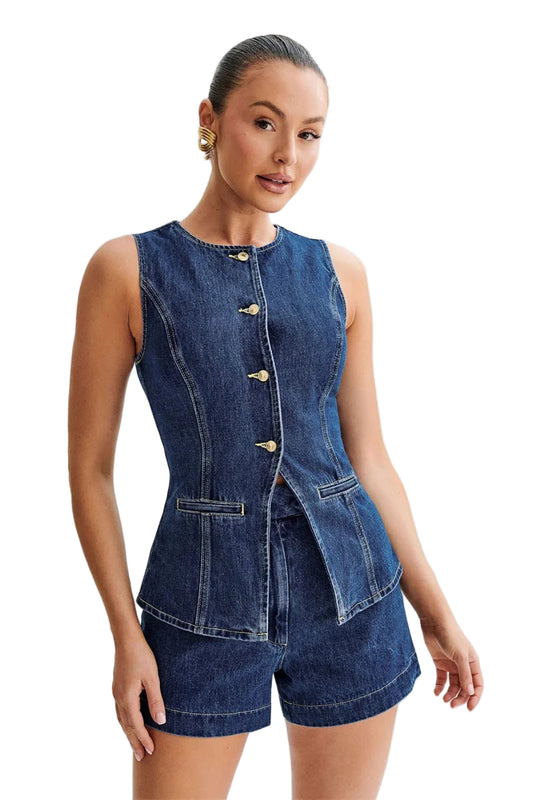Women Summer Denim Vest | Denim Top | High Waist Wide Leg Shorts | Set